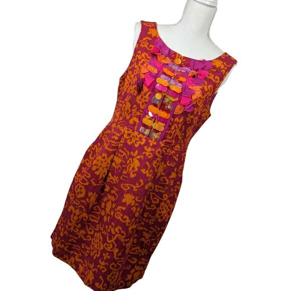 NANETTE LEPORE! SILK & LINEN! FUSCHIA PINK, ORANGE SEQUINNED, RUFFLE DRESS!SZ 8 - Picture 1 of 8